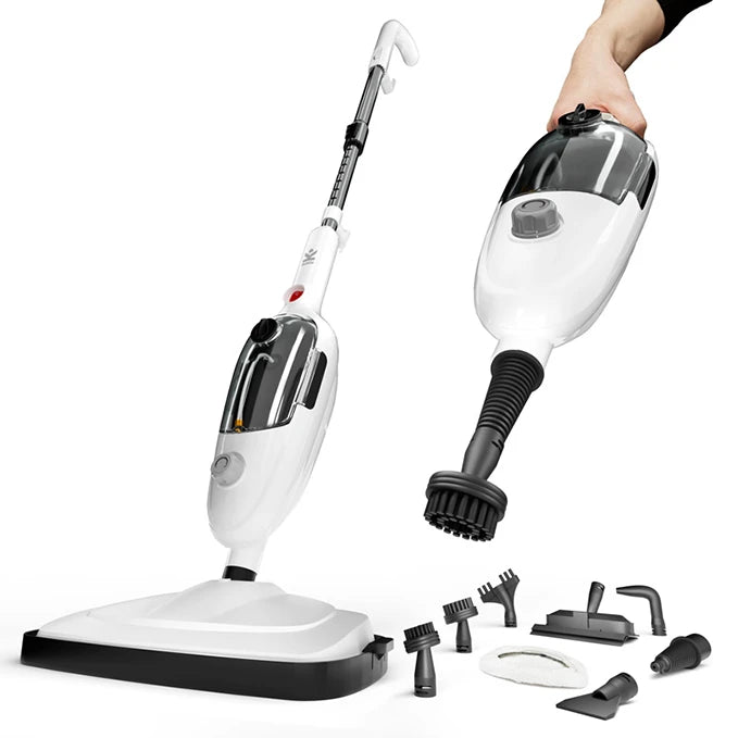 Avalla T-9 high pressure steam mop and steam cleaner with 7 focused accessories.