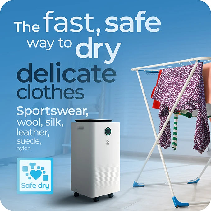 Graphic demonstrating the Safe dry capabilities of the small portable X-125 dehumidifier, while drying clothes inside someone’s home.