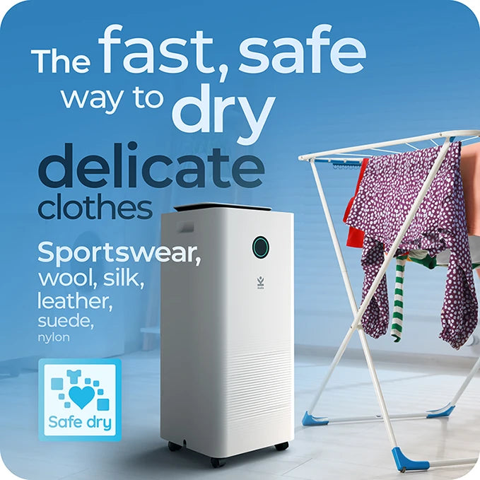Graphic demonstrating the safe dry capabilities of the medium eco X-150 dehumidifier, while drying clothes inside someone’s home.